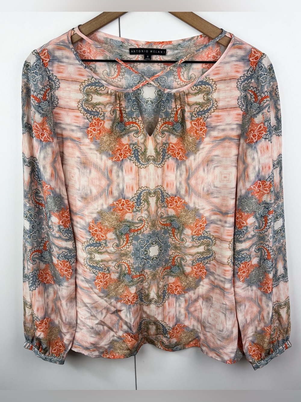 Antonio Melani 100% Silk Floral Abstract Kaleidoscope Long Sleeve Blouse Top